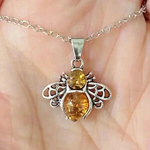 Pretty Silver and Amber Bee Bumblebee Honeybee Necklace New